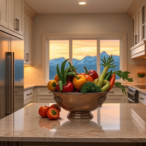 Alt text: A captivating blog cover image depicting a custom kitchen design in Federal Heights, Utah, featuring sleek cabinetry and modern appliances. The kitchen showcases handcrafted wood elements and ornate details inspired by High Renaissance artistry. A whimsical fruit bowl overflowing with oversized vegetables adds a playful touch, emphasizing freshness. The background features a softly lit window with a view of the iconic Utah mountains against a sky transitioning from peach to deep azure, suggesting tranquility at dusk. The color palette includes earthy tones like terracotta, olive green, and warm cream, accented with metallics, blending classical aesthetics with modern design trends in an elegant, inviting atmosphere.