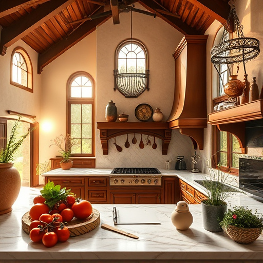 Alt Text: A luxurious kitchen in a modern South Jordan, Utah home features a sleek island with polished quartz countertops under soft ambient lighting. Stainless steel appliances, including an elegant refrigerator and professional oven, suggest gourmet cooking. Large windows allow golden sunlight to illuminate custom cabinetry in deep navy blue and soft white. A collection of herb pots with handwritten tags and a vintage cookbook add a playful touch. A stunning glass droplet chandelier hangs above the island, enhancing elegance. The intricately patterned tiled backsplash echoes Utah's mountains, while a serene outdoor landscape with green mountains and blue skies is visible through the windows. The warm, earthy color palette combines creamy whites, rich blues, and soft metallics, creating an inviting atmosphere for family gatherings or intimate dinners, perfect for a luxury kitchen remodeling blog cover.