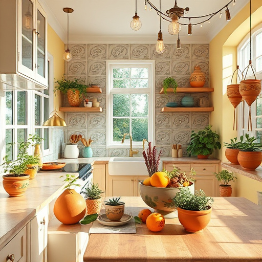 A captivating cover image for a blog about full-service kitchen remodeling contractors, showcasing an artistically renovated kitchen. The scene features an open space with a blend of modern and vintage elements, including sleek polished countertops adorned with whimsical kitchen tools and vibrant pots of herbs in terracotta planters. Soft natural light filters through large windows, creating gentle shadows and a calm atmosphere. In one corner, a classic wooden table is set with a colorful fruit bowl overflowing with oversized whimsical fruits. The background reveals walls in soothing pastels with intricate tile patterns and uniquely shaped shelves displaying hand-painted dishes and quirky decor, such as a face-shaped teapot and mismatched cheerful mugs. Hanging lights shaped like kitchen utensils glow warmly alongside fairy lights, adding a magical touch. The overall color palette includes soft yellows, gentle blues, and earthy greens, reflecting a cozy home environment while inspiring viewers to envision kitchen transformations through skilled remodeling contractors.