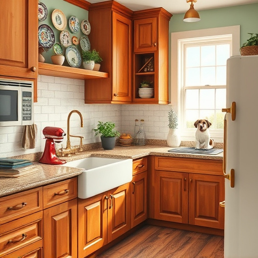 A vibrant kitchen in a cozy Riverton, Utah home, showcasing a beautifully remodeled space. The kitchen features sleek white cabinetry with brushed gold handles, a large island with a marbled quartz top, and an elegant pendant light hanging above. Open shelves display artisan jars and family recipe books, adding warmth and personality. Lively green plants in terracotta pots breathe life into the room, complemented by a whimsical oversized wall clock shaped like a dinner plate. Unique kitchen utensils, including a giant fork and spoon on the wall, and a playful cat peeking out from behind the sink, enhance the homey atmosphere. The background offers a soft-focus view of a bright, sunny Utah backyard through a large window, with a clear blue sky hinting at outdoor adventures. The color palette features soft pastels, earthy tones, and lively greens, fostering a fresh and uplifting ambiance that inspires creativity in remodeling. The DigitalArt style emphasizes clean lines and a modern aesthetic while ensuring a cozy, inviting feel throughout the composition.