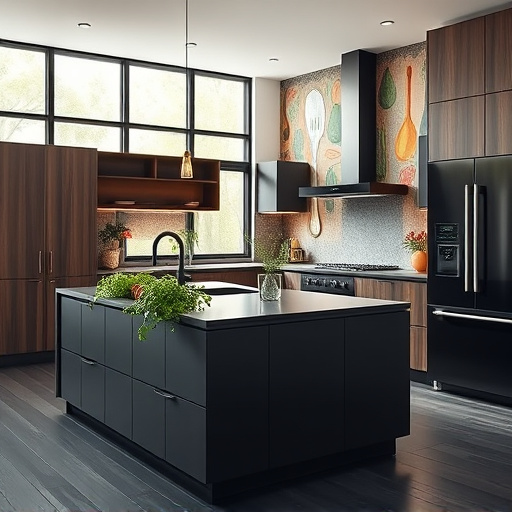 Alt text: A vibrant street art-inspired blog cover image featuring a modern kitchen remodel themed around "Best Kitchen Remodelers in Sandy, Utah." The scene showcases sleek cabinetry, stylish countertops, and innovative appliances intermingled with playful graffiti and artistic splashes. Quirky utensils dance around the kitchen, while colorful paint drips mimic creativity. The atmosphere is energetic and inviting, incorporating subtle nods to local Sandy landmarks and cultural icons in the background. The kitchen is surrounded by a mural of abstract shapes and vibrant colors, blending electric blues, fiery oranges, and sunny yellows, creating a joyful and inspiring vibe that embodies the essence of community and craftsmanship in kitchen remodeling.