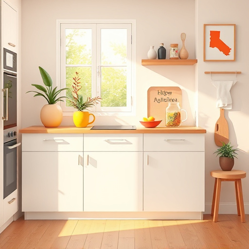 A modern kitchen featuring sophisticated matte black finishes is showcased in this blog cover image. Central to the scene is a sleek matte black island with a prominent countertop decorated with lush potted herbs. Shiny metallic appliances contrast with textured wooden cabinetry surrounding the island, creating a calm and contemporary vibe. Large windows in the background allow soft, diffused light to fill the space, casting gentle shadows. Vibrant murals inspired by traditional Mexican art adorn the walls, depicting culinary ingredients like avocados and chili peppers, adding a playful twist to the sleek design. Oversized kitchen utensils like a giant fork and spoon are incorporated into the mural, enhancing the whimsical character of the kitchen. The rich black and deep green color palette is complemented by bright reds and sunny yellows from the murals, amplifying the artistic flair and warmth, inviting viewers to explore how matte black elements can stylishly transform a kitchen into a vibrant culinary hub.