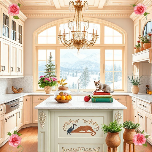 Alt text: A stunning blog cover image portraying an elegant kitchen scene inspired by Art Nouveau, featuring beautifully designed kitchen cabinets adorned with intricate floral motifs and soft curves. The cabinets are set in a calming atmosphere with a harmonious color palette of muted pastels, including soft greens, creamy yellows, and delicate blush tones. Surrounding the cabinets are whimsical elements like a vintage scale decorated with vibrant fruits and delicate tea sets on shelves, evoking a warm, inviting ambiance. Decorative knobs resembling tiny leaves add personality to the cabinets. Above, a stained-glass window filters soft sunlight, casting colorful reflections on the cabinets. The patterned tile floor, made of interlocking geometric shapes in soft earth tones, grounds the scene while house plants in ornate pots enhance the cozy vibe. The overall image radiates warmth and elegance, making it perfect for a blog focused on home design.