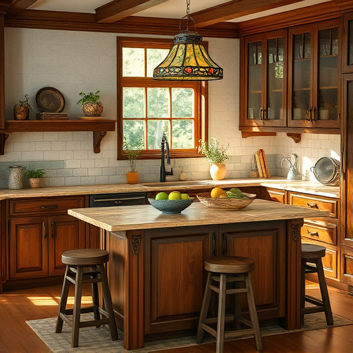 Alt text: A beautifully designed kitchen focused on a central island, featuring warm earthy tones, deep greens, and soft creams inspired by the Arts and Crafts Movement. The kitchen showcases intricately carved wooden cabinetry, hand-wrought metal fixtures, and a rustic countertop made from natural stone or reclaimed wood. Artisan-crafted stools surround the island, promoting a sense of community. Whimsical elements include potted herb plants on the windowsill, colorful fruits in an antique bowl, and charming hand-painted ceramics on shelves. Dappled sunlight filters through a window, enhancing the warm atmosphere. Above the island, a unique stained glass pendant light adds a splash of color, creating an inspirational yet approachable mood, encapsulating functionality and artistry in kitchen island design.