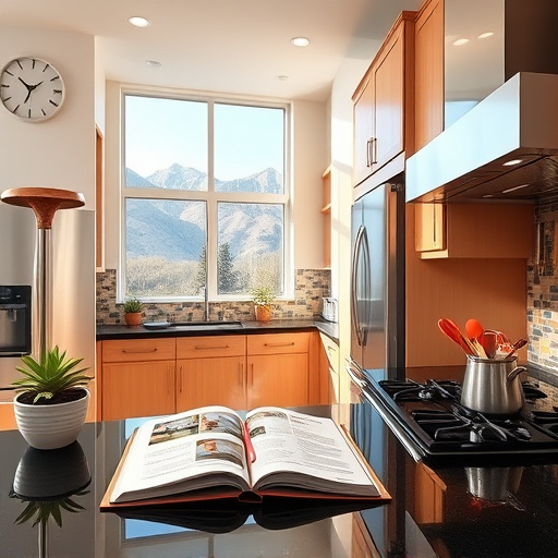 A hyperrealistic image of a cozy, modern kitchen renovation scene in Draper, Utah, showcasing the essence of affordable remodeling. The kitchen features sleek, contemporary oak cabinets, complemented by a stunning quartz countertop with subtle green and white veining. Natural light floods the space through large windows adorned with rustic blinds, revealing a picturesque valley view of Utah's rolling hills and vibrant wildflowers. A playful ceramic cat peeks from behind a potted herb, adding personality to the scene. Organized baking essentials and fresh vegetables on a cutting board enhance the inviting atmosphere. Vintage Edison bulb light fixtures create a warm glow, while an open drawer displays DIY tools and a corkboard with home improvement tips and paint swatches emphasize accessibility and practicality. The overall composition reflects tranquility and the potential for an approachable kitchen renovation.