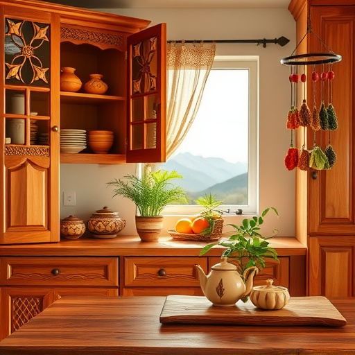 An inviting kitchen scene in Alpine, Utah, showcasing the theme of kitchen cabinet refacing. The image highlights beautifully redesigned cabinets made of rich, warm woods with intricate carvings inspired by traditional African motifs, featuring geometric patterns and nature-inspired designs. Cabinet doors swing open to reveal organized shelves filled with colorful, handcrafted pottery and vibrant spices, reflecting a blend of culture and cuisine. A rustic wooden countertop adorned with bright fruits and vegetables adds a playful touch, while a whimsical teapot shaped like a mountain references the local landscape. Natural light filters through a window with delicate, handwoven curtains, casting a soft glow that enhances the warm and welcoming atmosphere. The scene includes a lush indoor plant in the corner, symbolizing life and growth, with a background of stylized silhouettes of the majestic mountains of Utah in softer tones. The traditional African art style employs earthy colors like terracotta, deep greens, and vibrant reds, creating a vibrant yet warm balance that reflects the joy of cooking and the spirit of home. Unique details, such as a small carved animal figurine on the countertop and a hanging mobile of colorful spices, infuse personality into the kitchen, inviting viewers to envision transformation in their own spaces.