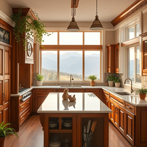 Luxurious kitchen remodeling scene in Federal Heights, Utah, showcasing opulence and elegance. The expansive kitchen features intricate Byzantine-style golden mosaics as a backsplash, with vibrant blue and deep red tiles creating a harmonious swirl. Gleaming white marble countertops with delicate gold veining are adorned with whimsical kitchen tools, including a golden whisk and a silver spatula designed with filigree. Potted herbs with lush green leaves symbolize freshness, strategically placed around the kitchen. The warm and luxurious atmosphere invites viewers into a sophisticated design space. Large framed windows in the background reveal a serene mountainous skyline of Utah, with pastel-colored clouds reflecting the late afternoon sun, casting a soft glow. An ornate chandelier hangs overhead, projecting intricate light patterns onto the richly colored mosaic floor. Subtle elements include a cat lounging on a sunlit windowsill and a gourmet cookbook opened to a vibrant dish, hinting at culinary adventures. The scene captures the essence of creativity and inviting design, beautifully rendered in a Byzantine art style with a balanced color palette of warm golds and cool blues, embodying calm sophistication and grandeur.