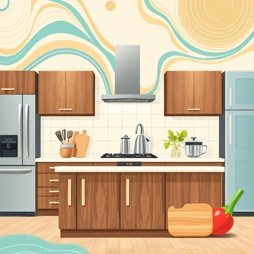 A vibrant kitchen scene showcasing a variety of cabinet styles, including wood, laminate, metal, and glass, each with distinct textures and finishes. The setting features quirky kitchen utensils, such as an oversized whisk and a cheerful vegetable-shaped cutting board, adding a playful touch. The background displays an abstract OpArt-inspired pattern with swirling lines and geometric shapes, symbolizing movement and creativity. The warm earth tones of the cabinets contrast with the cooler teal and pale yellow hues of the background, creating an inviting and balanced atmosphere. The overall composition conveys a lighthearted yet informative feel, appealing to those interested in kitchen design and material selection.