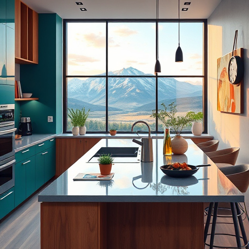 Alt text: A captivating blog cover image showcasing "Top Rated Kitchen Designers in Holladay, Utah," featuring a modern kitchen with a large island, deep teal cabinets, and warm wooden accents. The counter is decorated with fresh herbs in quirky pots and colorful cooking utensils, reflecting culinary creativity. Large windows in the background offer a picturesque view of the Utah mountains at dawn, with soft hues of orange and pink blending into the earthy interior tones. Whimsical details include a frying pan-shaped clock and abstract wall art, adding charm and character. The image captures the essence of modern design, functionality, and artistry, incorporating a Neo-Expressionism style with dynamic brush strokes and an expressive color palette of blues, greens, and warm neutrals, inviting homeowners to explore innovative kitchen designs in Holladay.