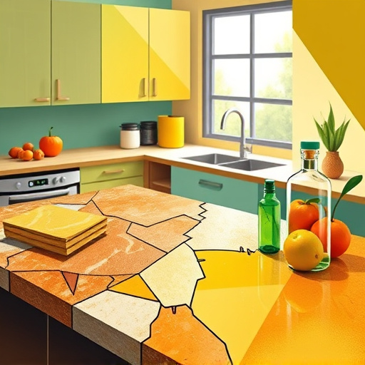 A surreal kitchen landscape featuring floating cabinet doors in vibrant colors and whimsical patterns, levitating above a sleek polished countertop. Unconventional kitchen utensils, including a spiraled spoon and a dancing whisk, add to the scene's imagination. Oversized fruits like oranges and cherries hang from the ceiling, casting playful shadows that enhance the lively atmosphere. The color palette includes bright teal, coral, and sunny yellow, creating a cheerful ambiance that invites exploration. Quirky elements, such as a backward-spinning clock, reflect the imaginative nature of kitchen refacing. The environment is adorned with soft, cloud-like wallpaper that evokes a dreamy culinary wonderland. Ethereal light streams through abstract windows, illuminating the scene and emphasizing the allure of freshly refaced cabinets and the creative possibilities in kitchen design.