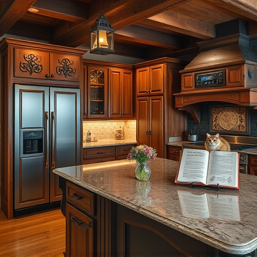 A traditional kitchen remodeling scene in Lehi, Utah, showcasing vintage wooden cabinets with intricate carvings and a spacious island featuring a polished granite countertop. The warm and inviting atmosphere exudes a cozy, rustic charm, highlighted by wrought iron lanterns casting soft light and a vase of wildflowers on the counter. An antique stove contrasts beautifully with modern appliances, embodying the blend of old and new typical in renovations. Quirky details include a cat lounging atop the fridge and a playful recipe book titled "Cooking Through the Ages" propped open on the island. The background features exposed wooden beams and a dark gothic stone wall, enhancing the historic ambiance. The color palette of rich burgundies, deep greens, and warm earth tones creates a comforting vibe, reflecting culinary creativity while maintaining a gothic aesthetic with ornate details, encapsulating the essence of a beloved kitchen being lovingly updated.