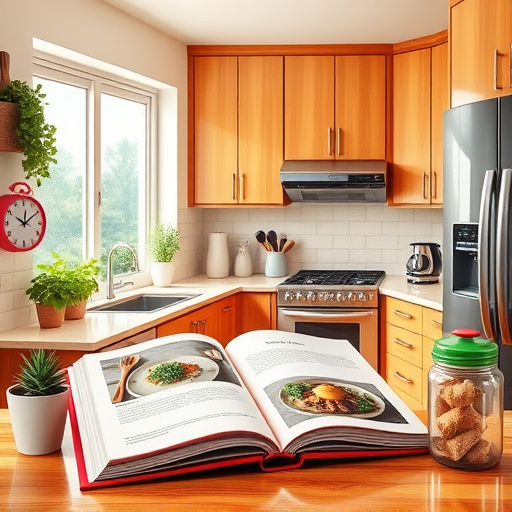 A vibrant kitchen scene showcasing modern appliances and polished wooden cabinets that reflect natural light. The bright windowsill is adorned with fresh herbs, while stylish cooking utensils decorate the countertops. An open cookbook displays an appealing photo of a gourmet dish. In the background, a cozy breakfast nook with plush cushions invites relaxation, complemented by potted plants for a touch of greenery. Quirky details include utensil-shaped magnets on the fridge, a frying pan-shaped clock, and colorful jars filled with baking ingredients. The warm earth tones and splashes of bright colors create an inviting atmosphere, inspiring creativity and enthusiasm for kitchen remodeling. This illustration embodies the excitement and potential of transforming a kitchen through thoughtful design and practical tips.