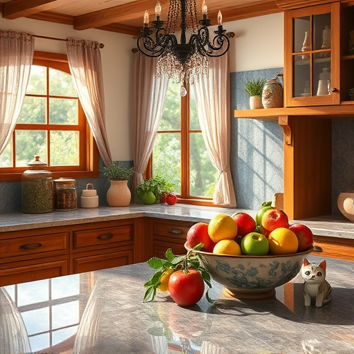Alt text: "Luxury kitchen remodel in a stylish setting along Foothill Boulevard, Utah, featuring large windows that fill the spacious room with natural light. The kitchen showcases handcrafted wooden cabinets with intricate carvings, a polished marble island at the center, and a warm color palette of earth tones. Quirky ceramic utensil holders shaped like woodland creatures and a vintage wall clock with a playful cat motif add personality. Lush indoor plants hang from pots, softening the space, while a picturesque view of the Wasatch Mountains is visible through the windows. A mosaic tile backsplash depicts a vibrant sunset, contrasting beautifully with muted cabinetry tones. Handcrafted wrought iron light fixtures cast gentle shadows, enhancing the calm yet elegant atmosphere, perfect for inspiring creativity in cooking."