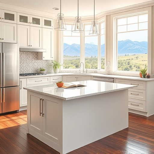 Alt text: A vibrant pop art scene illustrating a full-service kitchen remodel in South Jordan, Utah, featuring a transformed kitchen at the center with bold geometric shapes and contrasting colors. The kitchen showcases sleek turquoise cabinetry with warm wooden accents and a central island adorned with oversized lemons and limes. Quirky details include a retro yellow toaster with exaggerated toast, a colorful blender with swirling fruit, and crossed spatulas, all set against lively wallpaper with abstract kitchen motifs. Floating utensils in unexpected colors add whimsy to the image. The atmosphere is playful and inviting, with a glimpse of the Utah skyline in the background and speech bubble clouds featuring fun kitchen phrases like "Sizzle with Style!" The energetic color palette includes lemon yellow, cherry red, and electric blue, creating an engaging visual celebrating modern kitchen design and creativity.