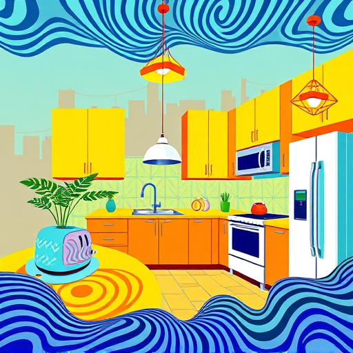 Alt text: A vibrant OpArt cover image depicting an "Affordable Kitchen Makeover" in Riverton, Utah. The central focus is a stylized kitchen scene showcasing a budget-friendly transformation with swirling geometric patterns formed by cabinets, countertops, and appliances. The color palette includes warm yellows, deep blues, and bright greens, creating a lively and accessible atmosphere. Quirky details like a retro zigzag toaster, a plant with spiraled leaves on the countertop, and geometric light fixtures casting optical shadow patterns enhance the visual appeal. The background features subtle outlines of the Riverton skyline, with wavy lines representing the energy of transformation, inviting viewers to embark on a creative kitchen makeover journey.