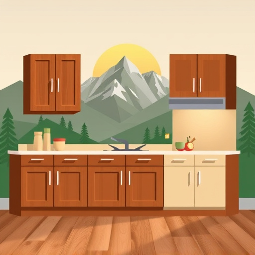Alt text: A captivating blog cover image centered on "Kitchen Cabinet Refacing in Park City, Utah." The image features a modern kitchen with cabinets split in half; one side shows an original, worn design while the other displays a sleek, contemporary finish with clean lines and vibrant colors. The warm, earthy color palette includes rich browns and soft creams, set against a mountainous backdrop. Whimsical geometric shapes and patterns emerge from the cabinet doors, symbolizing creativity in home design. Abstract representations of Park City elements, like stylized ski tracks and pine trees, are subtly woven into the background, enhancing the local charm. A simplistic sun setting behind the mountains casts geometric shadows, adding depth. The geometric abstraction art style emphasizes symmetry and balance, with rich greens, warm grays, and soft whites, creating an inviting yet stylish kitchen atmosphere. The image is text-free, allowing visual elements to inspire the audience’s imagination about kitchen refacing possibilities.