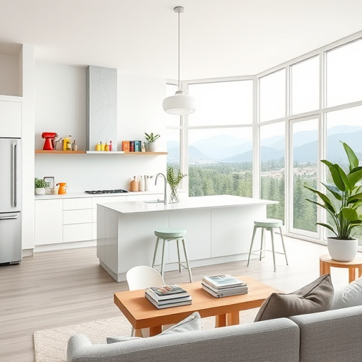 A bright, modern kitchen featuring a polished marble island at the center, showcasing elegant veining. High-end stainless steel appliances gleam under recessed lighting. To the left, a stylish backsplash of textured ceramic tiles in deep blue and crisp white adds depth. Above the island, chic geometric pendant lights create a warm atmosphere. The kitchen exudes a playful yet sophisticated mood with colorful kitchen gadgets, including a cartoon-shaped avocado slicer and a neon spiralizer, contrasting the sleek design. Fresh herbs and vibrant vegetables in a stylish ceramic bowl hint at culinary creativity. A sunlit garden with blooming flowers is visible through the window, enhancing tranquility. The harmonious color palette of soft whites, rich blues, and vibrant greens complements the inviting ambiance, while the photorealistic art captures details like glossy countertops and reflections in appliances, making this space ideal for showcasing contemporary kitchen upgrades.
