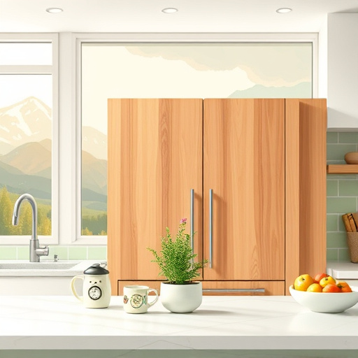 Alt text: A modern kitchen scene centered around the theme of "Kitchen Cabinet Refacing" in Sugarhouse, Utah. The image features a pair of freshly refaced cabinets in rich wood tones and soft pastel hues, illuminated by warm afternoon light. Playful kitchen accessories such as whimsical ceramic mugs with joyful patterns and a small potted herb garden add vibrancy to the countertop. A vintage clock with exaggerated features and a colorful abstract backsplash draw attention to the cabinets, complemented by a charming fruit bowl filled with oversized cartoonish fruits. The spacious, airy environment merges indoor elements with a glimpse of nearby mountains visible through a large window, creating a connection to nature. The artwork is styled in 'ColorFieldPainting' with a calming palette of pastel greens, soft yellows, and light blues, characterized by large expressive brush strokes that emphasize color and evoke renewal and creativity in home design, free from human figures to invite viewers to envision their own transformations.