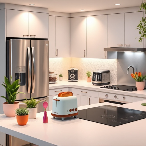 Alt Text: A modern kitchen filled with innovative voice-activated appliances, including a high-tech smart refrigerator with a sleek touchscreen, a steaming coffee maker, and a glowing induction cooktop. The scene features a cheerful animated toaster with toast popping up, surrounded by whimsical utensils dancing mid-air. Vibrant greenery from potted herbs and colorful kitchen gadgets contrasts against a white and stainless steel backdrop, creating a cozy, hyperrealistic atmosphere. The warm color palette emphasizes the inviting theme of smart home technology and modern kitchen design.