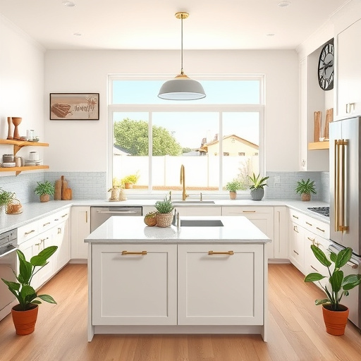 Alt Text: A dynamic cover image representing "Kitchen Remodeling Financing Options in Sugarhouse, Utah." The scene features a beautifully remodeled kitchen with a blend of modern and classic design, showcasing sleek cabinetry, a spacious island with colorful bar stools, and a chic backsplash adorned with vibrant tiles. Playful elements include a whimsical clock shaped like a plate and a mountain-shaped fridge magnet, emphasizing Utah's landscape. The background illustrates a cozy Sugarhouse neighborhood with abstract shapes of houses and tree-lined streets, bathed in a warm, serene glow from the sun. Floating dollar signs swirl around the kitchen in a tasteful Tachisme art style, incorporating bold brush strokes, rich textures, and a vibrant color palette of soft yellows, greens, and earthy browns that symbolize growth and new beginnings. The overall composition inspires hope and transformation, highlighting the potential for home improvement and financial accessibility.