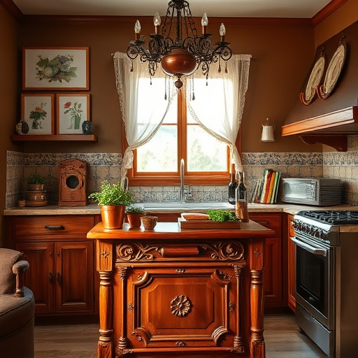A luxurious kitchen scene focused on "Kitchen Island Installation in Riverton, Utah." The opulent kitchen island, made of polished mahogany, features a gleaming marble countertop reflecting ambient light. Surrounded by state-of-the-art kitchen appliances, woven baskets filled with fresh produce, and elegant dishware, the inviting atmosphere fosters gatherings among friends and family. Large windows in the background showcase rolling hills and a vibrant sunset, casting a golden hue over the soft pastel-painted walls. Quirky elements include a vintage bicycle shaped spice rack, jars of homemade jams with handwritten labels, and a whimsical cat peeking from behind cookbooks. The marble countertop subtly etched with herb patterns nods to culinary arts. The art style is High Renaissance, emphasizing realism and intricate detailing, capturing the textures of marble, wood, and food, inviting viewers into this cheerful culinary haven.