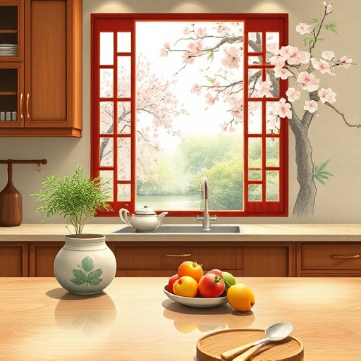 A vibrant Chinese Brush Painting depicting a charming kitchen interior with textured laminate countertops at the center. The scene features colorful fruit and a steaming cup of tea on the countertop, surrounded by warm wooden cabinets and delicate bamboo accents. A playful cat peeks from behind a potted herb plant, and whimsical kitchen utensils appear to dance across the surface. The background reveals a light-filled window opening to a serene garden with fluttering cherry blossoms. The color palette includes earthy greens, soft browns, and gentle pinks, creating a warm, homely atmosphere that emphasizes the beauty and practicality of laminate countertops in budget kitchen designs.