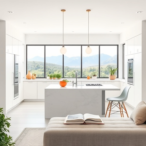 A modern kitchen in Federal Heights, Utah, features a spacious layout bathed in sunlight, highlighting contemporary design elements. The scene includes sleek matte-finished cabinets in charcoal and white, complemented by polished brass fixtures. A large island takes center stage, decorated with vibrant, patterned ceramic tiles and a bowl of fresh fruits for added vibrancy. The countertops combine rich warm woods with elegant quartz, arranged with utensils and a small potted herb garden, enhancing the fresh ambiance. Above the island, pendant lights provide a warm glow, creating a cozy yet modern atmosphere. Bold decorative art pieces adorn the walls, reflecting eclectic tastes without overwhelming the space. Large windows in the background frame picturesque views of rolling hills and greenery, allowing natural light to filter in and create playful shadows. The color palette merges soft pastels, earthy tones, and bright bursts, inviting viewers into a stylish and functional kitchen that balances aesthetics and practicality.