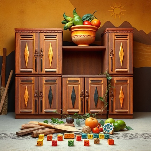 A vibrant blog cover image styled in Pre-Columbian art features unfinished kitchen cabinets at the center, highlighted by an intricate blend of colors and textures that reflect indigenous craftsmanship. The cabinets, embellished with geometric patterns and symbolic motifs, contrast against an earthy backdrop that exudes warmth and invitation. Rich hues of brown in the unfinished wood are interspersed with ochre and crimson, hinting at the natural beauty awaiting realization.

In the foreground, scattered tools including handcrafted chisels, colorful weavings, and tile fragments showcase vibrant colors that stand out against muted wooden tones. A whimsical, cotto clay pot, humorously perched atop a cabinet, overflows with oversized, colorful fruits and vegetables, adding a playful charm to the scene and suggesting creativity in the renovation process.

A lush tropical plant vine gracefully wraps around the bottom edges of the cabinets, symbolizing growth and nature’s embrace, while the background displays stylized mountains and valleys, characteristic of ancient landscapes, further enhancing the sunlit ambiance. The image radiates joyful anticipation, inviting viewers to envision the transformation of the cabinets into functional art pieces, full of life and color. The thoughtfully chosen color palette—featuring vibrant reds, rich browns, and lively greens—complements the playful yet professional essence of home improvement craftsmanship.