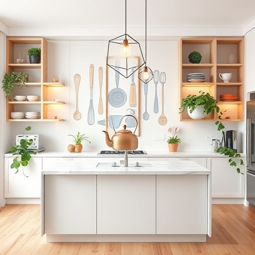 A futuristic kitchen in Herriman, Utah, featuring custom kitchen cabinetry with sleek modular designs and elegant curves. The high-tech cabinetry, made from shimmering materials, is presented in calming teal and white hues with vibrant orange accents, creating a modern and inviting atmosphere. Floating shelves creatively display advanced kitchen gadgets, while succulent plants introduce a touch of greenery. The open layout includes a luminous window framing a stunning mountainous Utah landscape, merging indoor elegance with natural beauty. Holographic elements such as a floating recipe and gesture-responsive digital interfaces showcase a tech-savvy approach to cooking. Quirky kitchen tools like a robotic chef and a geometric prism teapot add playful innovation. The minimalistic dining table in the background suggests warm gatherings, crafting a narrative of high functionality and imaginative design in a futuristic culinary space.