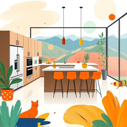 A vibrant PopArt scene depicting kitchen cabinet refacing in Lehi, Utah. The foreground features an array of vividly painted kitchen cabinets in bold colors like electric blue, sunny yellow, and fiery red, showcasing a playfully rejuvenated aesthetic. Cabinet doors are artfully displayed, some opened to reveal fun patterns and textures, highlighting various styles and finishes. Quirky kitchen tools, including an oversized whisk, a bright red toaster, and a whimsical teapot, are scattered throughout, enhancing the lively home environment. In the background, a stylized illustration of the Utah landscape includes minimalist representations of the Wasatch Mountains beneath a cerulean sky adorned with fluffy, cartoonish clouds. The cheerful composition is further complemented by a smiling sun wearing sunglasses, contributing to the sunny disposition. Dynamic lines and playful patterns reflect youthful energy, with a harmonious color palette that evokes creativity and transformation in home decor, inviting viewers to imagine the joyful atmosphere of a freshly updated kitchen.