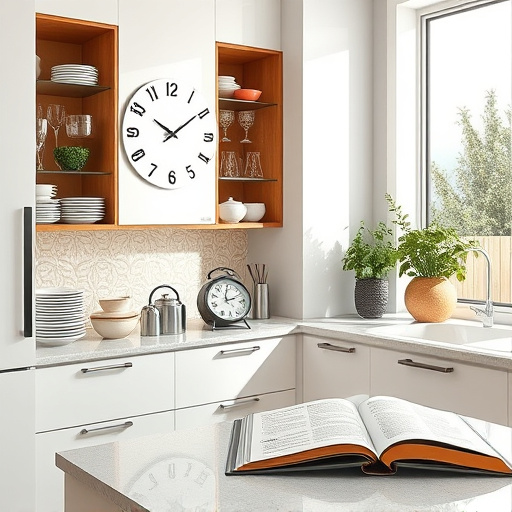 A photorealistic image of a modern kitchen featuring sleek kitchen cabinets with a depth of 400mm, combining glossy white and warm natural wood for a trendy contrast. Open cabinets display an array of elegant dishware, including delicate porcelain plates, vibrant salad bowls, and sparkling glassware, arranged artfully for a lived-in feel. The scene includes a whimsical oversized clock shaped like a fruit basket on the wall and a potted herb garden on the windowsill filled with lush basil, mint, and rosemary, adding personality. Polished stone countertops reflect natural light from a large window, enhancing the warmth of the scene. The light-toned backsplash showcases intricate tilework that complements the kitchen's modern aesthetic while maintaining a cozy vibe. A slightly cluttered but organized atmosphere is evident, with a bowl of colorful fruits on the countertop and an open cookbook displaying recipes, suggesting culinary adventures. The overall color palette features soft whites, earthy woods, and vibrant colors from the fruits and cookware, creating a serene yet approachable mood suitable for a blog cover image.