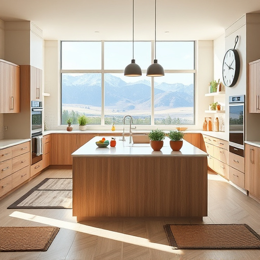 Alt text: A vibrant PopArt kitchen design in Alpine, Utah, featuring a sleek contemporary kitchen with a large polished quartz island and colorful pastel bar stools. It showcases oversized geometric pendant lights, quirky kitchen gadgets, and a bowl of large fruits, all illuminated by abundant natural light from exaggerated windows revealing panoramic views of the Alpine mountains. The playful yet sophisticated atmosphere is enhanced by stylized clouds within the kitchen, creating a surreal touch, alongside a bold palette of bright yellows, soft pinks, cool blues, and vivid greens, capturing the lively spirit of modern kitchen design and its serene mountain surroundings.