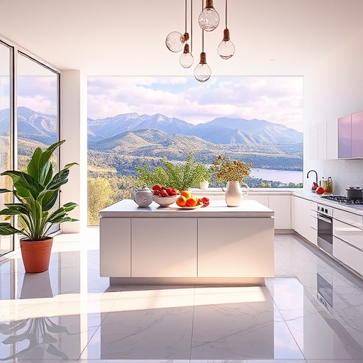 Abstract geometric representation of a modern kitchen layout optimization concept, set against the scenic backdrop of Bluffdale, Utah. The image features a sleek, open kitchen filled with vibrant geometric shapes—triangles, circles, and rectangles—symbolizing appliances, cabinets, and workspaces. A cool color palette of blues and greens conveys calmness, accented by warm yellows and oranges for a playful touch. Countertops and islands are depicted with angular lines, while storage solutions appear whimsically, resembling floating art pieces. Abstract kitchen utensils like forks and spoons are scattered throughout, adding a festive feel. The background includes a silhouette of Bluffdale’s mountains and valleys, blended with soft patterns reminiscent of food textures, creating a seamless flow between organic and geometric shapes. This dynamic composition illustrates the harmony between form and functionality, showcasing a spirit of innovation in modern kitchen design.