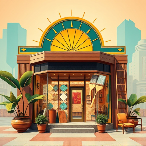 Alt text: A blog cover image for "home remodeling stores" featuring an elegant Art Deco storefront with large windows showcasing luxurious materials like vibrant tiles, sophisticated wallpaper swatches, and polished wood samples. The geometric facade is adorned with intricate gold and silver details. The inviting outdoor space includes lush potted plants and vintage outdoor furniture, creating a cozy browsing atmosphere. Quirky elements such as oversized paintbrushes and a vintage ladder add personality, while a vibrant sunburst pattern in teal and gold radiates behind the store. The background displays angular buildings with Art Deco motifs against a pastel sky transitioning from amber to cerulean. Soft ambient lighting enhances the scene, inviting viewers into a world of design innovation and home transformation.