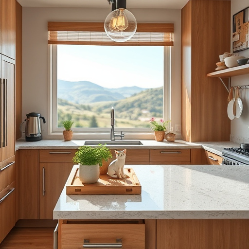 A blog cover image for 'kitchen design 8 x 5' features a minimalist kitchen space that embodies an inviting and stylish interior. The image showcases a sleek kitchen island adorned with a selection of colorful ceramic bowls and a vibrant herb pot, indicating a harmonious blend of functionality and aesthetics. The cabinetry presents a streamlined design in soft pastel hues that adds warmth, while a textured backsplash in muted tones enhances visual interest.
The overall mood of the image is calm and welcoming, inspiring readers about kitchen design possibilities. Notable details include a whimsical wall clock shaped like a fork and knife, alongside a playful rainbow-shaped dish drying rack, infusing liveliness into the space without overwhelming it.
The background is characterized by large, airy windows that allow natural light to illuminate the kitchen's clean lines and minimalist decor. A hint of greenery outside the window connects the indoor environment with the natural world. The art style embraces minimalism, utilizing a palette of soft whites, gentle pastels, and muted earth tones, evoking tranquility and creativity, ideal for readers looking to transform their kitchens into stylish oases.