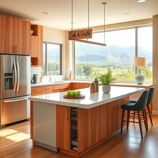 Alt Text: A blog cover image featuring a beautifully remodeled kitchen that highlights the theme of "Top Rated Kitchen Remodeling Companies in Jeremy Ranch, Utah." The kitchen showcases a mix of modern and rustic design elements with gleaming natural wood cabinets and sleek stainless steel appliances. A large island with an exquisite marble countertop is the focal point, complemented by a vibrant array of potted herbs. The setting is warm and inviting, illuminated by afternoon light streaming through large windows, creating a cozy atmosphere. Playful details include a whimsical wooden sign reading “Cook & Create” above the island and a quirky teapot lamp. In the background, a picturesque view of Jeremy Ranch's mountains and greenery enhances the scene. The image employs a warm color palette of earthy browns, greens, and soft whites, blending contemporary style with rustic charm, perfect for inspiring homeowners looking to transform their kitchens.