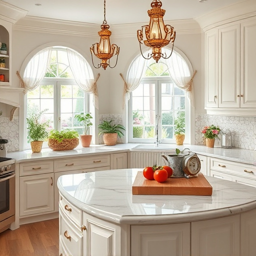 A beautifully staged kitchen in Bluffdale, Utah, showcasing high-end kitchen renovation expertise. The scene features rich wooden cabinetry with intricate carvings inspired by high renaissance artistry, polished marble countertops with deep veining, and an elegantly crafted floral motif backsplash in muted tones. Soft golden hour lighting casts gentle shadows, enhancing the calm and sophisticated mood. Quirky elements include an oversized whisk next to a vintage spice rack filled with colorful jars, and a playful cat lounging on a high stool, adding personality to the space. A small plant in a ceramic pot symbolizes growth and freshness. In the background, large windows reveal a serene outdoor scene of Bluffdale's rolling hills in soft pastels, complementing the kitchen’s warm tones and adding a touch of nature. The overall art style reflects meticulous high renaissance techniques, blending earthy tones with subtle pops of color for timeless elegance and modern comfort.