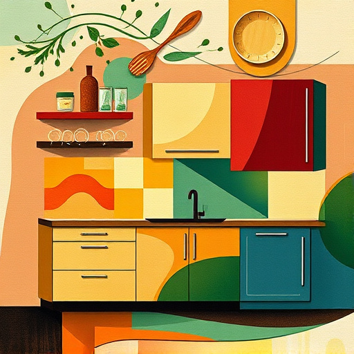 A beautifully remodeled kitchen in Highland, Utah, features a large wooden island with a sleek white marble countertop, topped with fresh fruits and herbs. Elegant, pastel-colored cabinets neatly organize kitchenware, illuminated by warm sunlight from a large window, creating a calm and tranquil atmosphere. Playful impressionistic art adorns the walls, celebrating cooking with whimsical utensils and vibrant green potted plants. The cozy floor combines textured tiles and polished wood, enhancing the inviting ambiance. A classic farmhouse sink with a vintage faucet adds a rustic touch, while a relaxed cat on the windowsill observes a butterfly, introducing a playful element. The soft pastel color palette of mint greens, warm yellows, and light blues evokes relaxation and happiness, with loose brushstrokes in the impressionist style capturing the lively essence of the space. The natural light frames the scene, embodying the spirit of home and inspiring creativity in kitchen design.