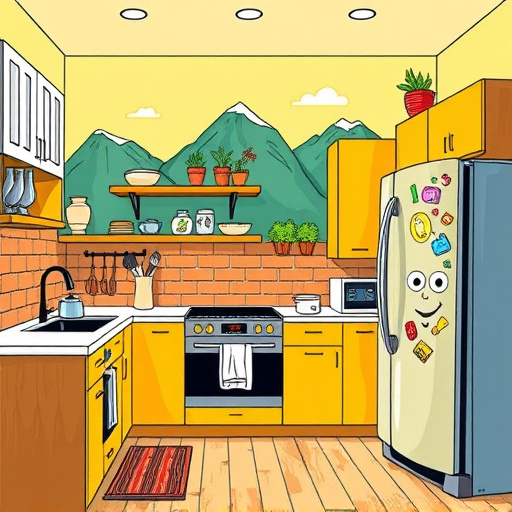 Alt Text: A vibrant kitchen remodeling consultation cover image for a blog that showcases a stylish kitchen under renovation in Bountiful, Utah. The foreground features modern cabinetry, sleek countertops, and whimsical elements like oversized kitchen utensils and colorful potted herbs. Textures from rustic wooden shelves to glossy ceramic tiles add visual depth. The scene is playful and inviting with a cheerful color palette of bright yellows, rich greens, and warm oranges, characteristic of PopArt style with bold outlines and graphic patterns. In the background, an abstract representation of Utah's mountains adds local context, while quirky details like a talking refrigerator with a googly-eyed face and cheerful magnets contribute a whimsical twist, inviting viewers to imagine their own kitchen transformation stories.