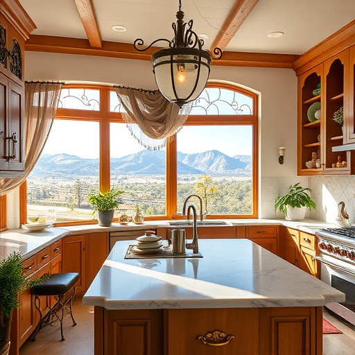 A contemporary kitchen remodel in Bountiful, Utah, featuring an elegant minimalist design. The kitchen showcases sleek white cabinetry and a large central island topped with smooth gray marble countertops. Minimalist pendant lights hang overhead, creating a warm illumination. Large windows provide natural light and reveal a picturesque view of mountains and lush greenery, emphasizing tranquility. A vibrant collection of colorful kitchen gadgets decorates a floating shelf, alongside a whimsical potted herb garden in the corner. Stylish bar stools in muted pastels enhance comfort while maintaining the clean aesthetic. The color palette consists of soft whites, gentle grays, and subtle pastels, creating a peaceful environment. A natural wooden coffee table holds curated cookbooks, accentuated by scattered indoor plants that add life to the serene ambiance. This image embodies the essence of modern elegance with playful elements, ideal for home improvement and design inspiration.