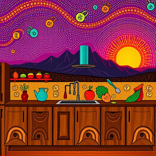 A vibrant kitchen scene showcasing custom kitchen cabinetry installation in Draper, Utah, illustrated in an Aboriginal art style. The focal point features intricately designed wooden cabinetry in deep browns and warm ochres, accented by bright turquoise and deep green, reflecting Utah's natural landscape. Playful, abstract representations of kitchen tools, such as a whimsical spatula and a gleaming knife, echo traditional Aboriginal forms. Above, a stylized depiction of the Utah mountains displays bold colors reminiscent of sunrise, with vibrant purples and oranges creating a warm atmosphere. Swirling patterns suggest pathways for illustrated ingredients, as colorful fruits and vegetables dance across the countertop. Abstract pots and pans adorned with symbolic markings float above, emphasizing the joy of cooking. The background consists of dreamlike dots and curves, evoking Aboriginal motifs, and creating a tranquil backdrop inspired by a peaceful sunset over the Draper skyline, encapsulating the warmth of home and creativity in a customized kitchen.