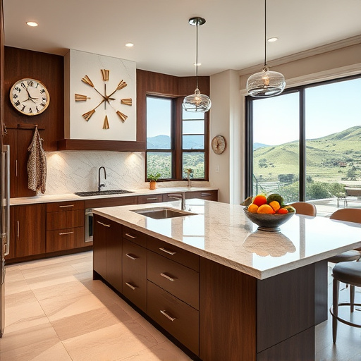 Alt text: A luxurious kitchen in Sandy, Utah, featuring a modern design with a state-of-the-art kitchen island topped with gleaming marble countertops and rich dark wood cabinetry. The space is illuminated by ambient overhead lighting, creating a warm glow that enhances the polished finishes. Playful details include a whimsical utensil-shaped wall clock and an oversized decorative apron hanging on a hook, adding a light-hearted touch to the elegant design. A vibrant bowl of exotic fruits sits on the countertop, showcasing a blend of culinary artistry and lifestyle. The calm atmosphere is complemented by high ceilings and large windows that allow natural light to illuminate the kitchen and reveal a scenic view of subtle green hills outside, reflecting the rustic charm of Sandy, Utah. The image employs realism with rich earthy tones and warm neutrals, highlighting textured surfaces, metal accents, and inviting wood elements, creating a sophisticated yet approachable kitchen remodel.
