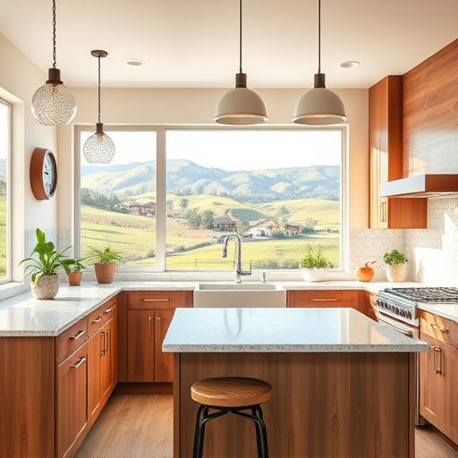 Alt Text: A contemporary kitchen remodel in Salt Lake City, Utah, featuring a stunning kitchen island with a rich wood countertop illuminated by warm artisan pendant lights. The space showcases intricate patterned tiles in earthy terracotta and lush greens, reflecting the nearby mountains. Reclaimed wood cabinets with handcrafted knobs add character. Large windows provide a view of the Salt Lake skyline and Wasatch Mountains, filling the room with natural light. Decor elements include a playful ceramic cactus, whimsical dishware on the walls, and a patterned rug on the floor. Greenery such as potted herbs enhances the organic feel, while shelves display vibrant cookbooks and handcrafted ceramics. The warm color palette of soft beige, sage green, and mustard yellow embodies the Arts and Crafts Movement, creating a cozy and inspirational haven for modern culinary enthusiasts.