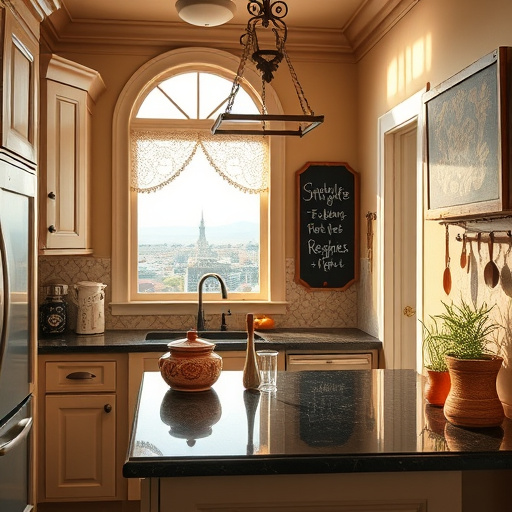 Alt Text: A cozy small kitchen designed by remodel specialists in Bluffdale, Utah, featuring elegant cabinetry in muted earth tones and gracefully arched woodwork. The vibrant hand-painted backsplash showcases rustic nature-inspired motifs, while an ornate pot rack hangs over a dark granite island. Soft lighting filters through a window with lace curtains, casting gentle shadows. Playful, personified kitchen utensils add charm, with a smiling whisk and a cheeky spoon. An adjacent wall displays herbs in rustic pots for a touch of freshness, alongside a wall-mounted chalkboard with whimsical doodles. A softly rendered cityscape of Bluffdale forms the backdrop, embodying artistic elegance with warm golds, soft greens, and earthy browns, perfect for a blog on small kitchen transformations.
