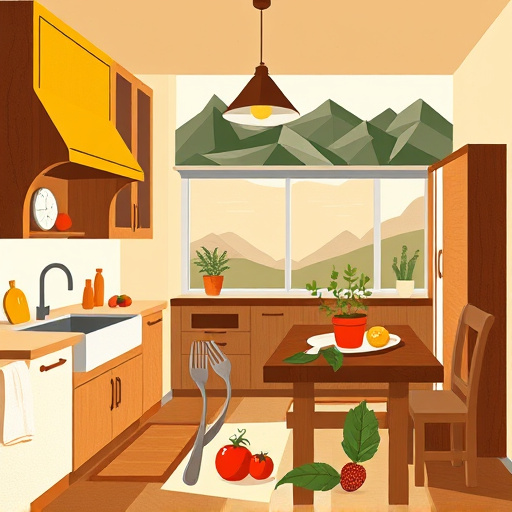 Cubist interpretation of a vibrant kitchen remodeling scene, featuring abstract shapes representing a farmhouse sink, wooden cabinets, and a rustic dining table. The fragmented, geometric forms create depth and movement, with a warm color palette of rich browns, creamy whites, and soft greens, accented by sunny yellows and deep reds. Playful kitchen utensils, like exaggerated forks and spoons, dance around fresh ingredients such as tomatoes and herbs in a dynamic composition. A stylized background depicts Riverton's mountainous landscape with angular shapes and bold lines. Unique details, like a light fixture shaped like a chef's hat and chatting cabinets, add character, embodying a welcoming and creative atmosphere perfect for a blog cover on traditional kitchen remodeling in Riverton, Utah.