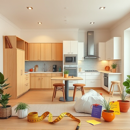 An engaging blog cover image depicting the home remodeling industry statistics features a cozy, modern living space in the midst of transformation. On the left side, an unfinished kitchen showcases partially installed cabinets and assorted tile samples, representing the chaos of renovation. On the right side, a fully renovated area boasts sleek appliances and vibrant decorative accents, illustrating the completion and success of the project. The atmosphere is professional yet inviting, conveying optimism and the potential for home improvement. Whimsical details include a tape measure curled into the shape of a question mark, symbolizing inquiries about remodeling options, and colorful post-it notes scattered around with humorous DIY tips and home improvement statistics. The background shows a softly lit open-concept room with stylish light-colored walls and potted plants, adding life to the scene. The overall color palette features warm, earthy tones that evoke comfort and creativity, inviting viewers to delve into the journey of home renovations and the accompanying statistical insights.