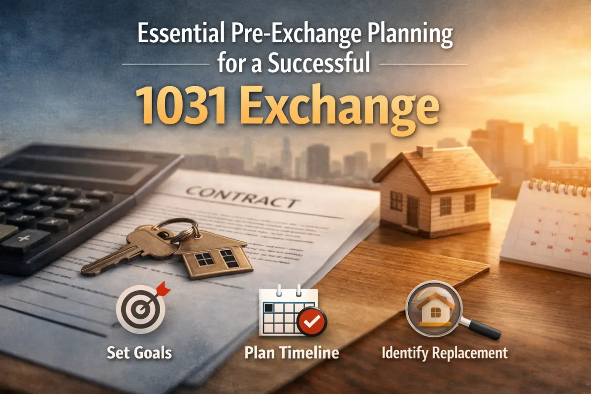 Essential pre-exchange planning for a successful 1031 exchange, showing real estate contract, house key, calendar, and planning tools