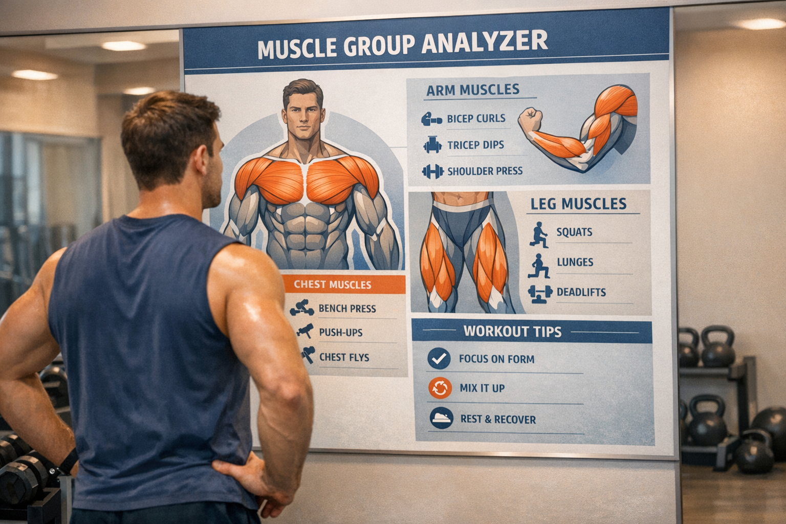 Man looking at muscle group chart