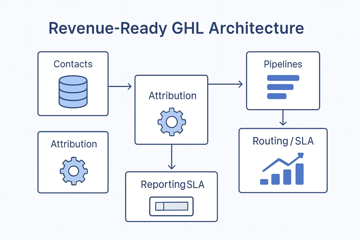 Revenue-Ready GHL Architecture diagram showing data flow: Contacts → Attribution → Pipelines → Routing/SLA, with Reporting telemetry.