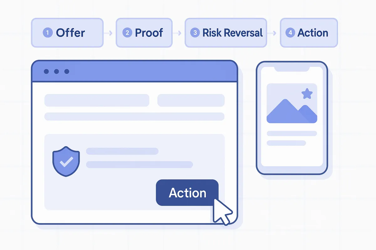 Above-the-fold framework diagram showing Offer → Proof → Risk-Reversal → Action on a landing page hero.